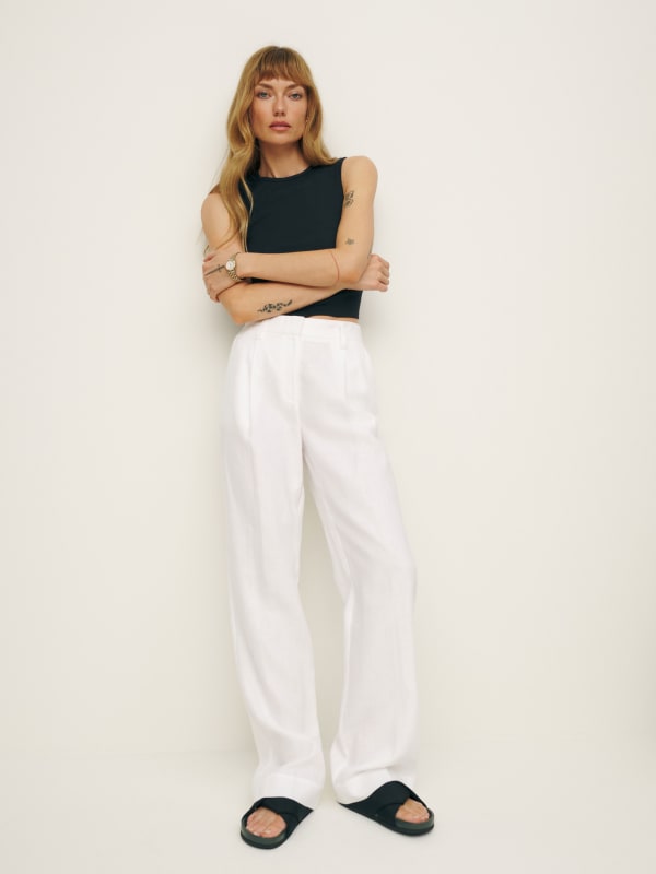 Alex Mid Rise Linen Pant - White